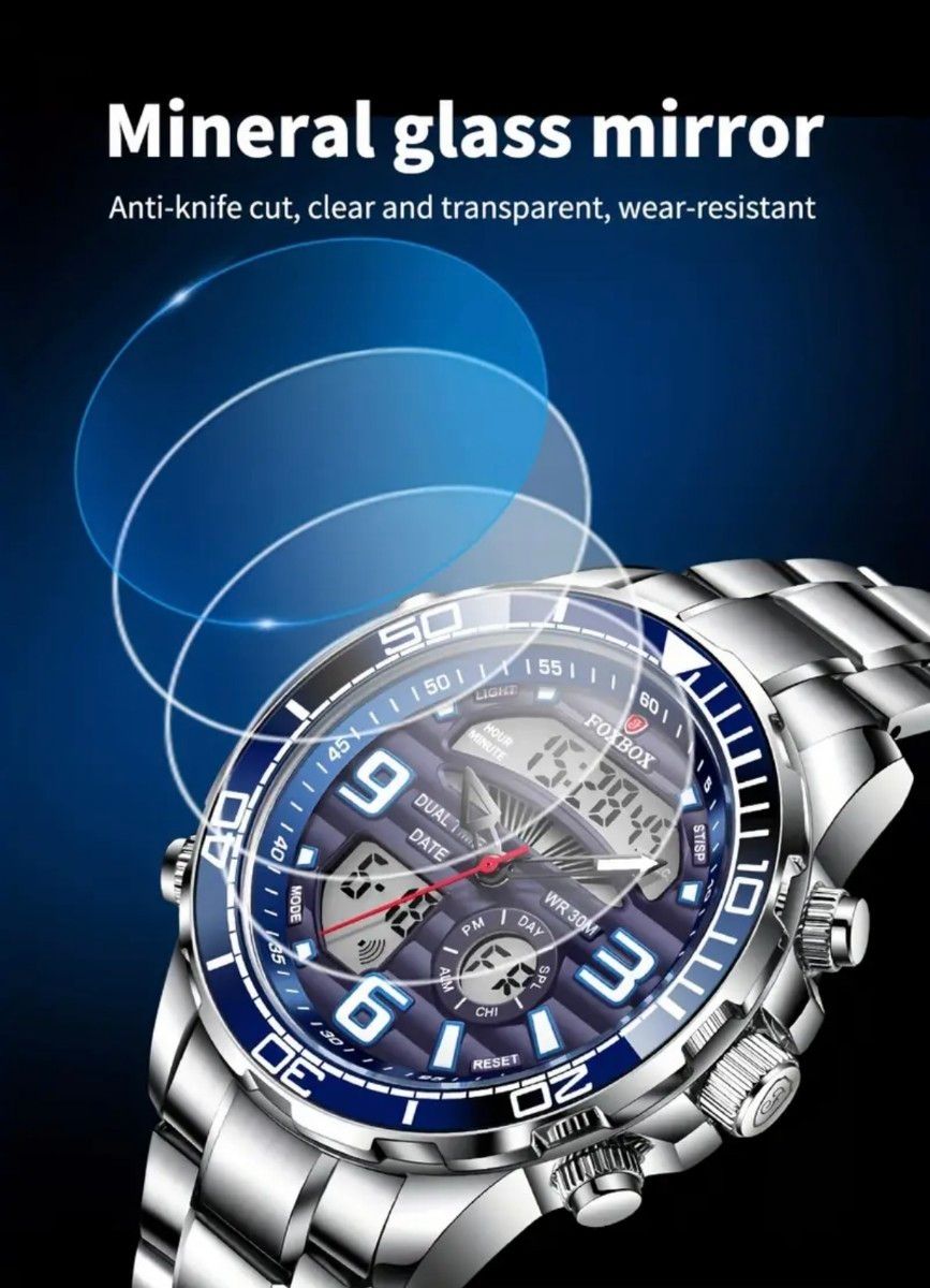 【新品】専用化粧箱付き 多機能 メンズウォッチ 腕時計 クロノグラフ シルバーブルー
