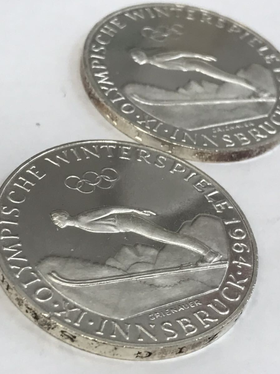 1円スタート 美品 トーン 1964年 オーストリア インスブルック冬季オリンピック 50シリング銀貨×2枚 オリンピック記念銀貨の画像1