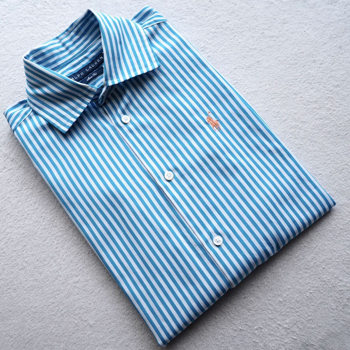 RALPH LAUREN ラルフローレン ポニー刺繍 ストライプシャツ コットンシャツ 長袖シャツ SLIM FIT スリムフィット ライトブルー 青 水色_画像3