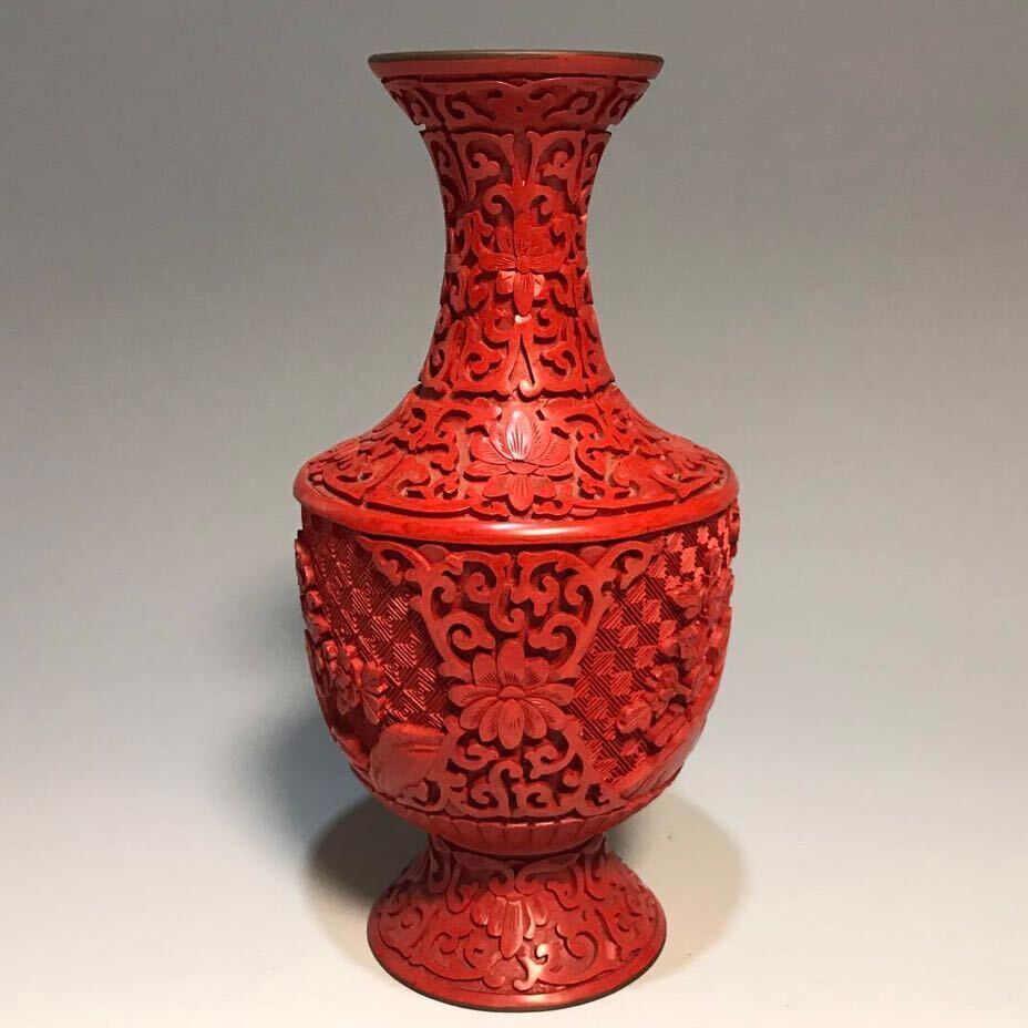 コレクター旧蔵品 堆朱花瓶 彫漆 細密彫刻 茶道具 時代物_画像1