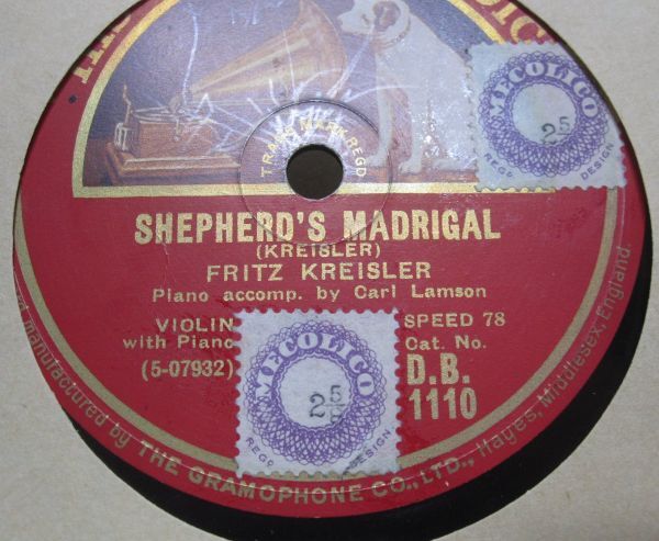 12インチSP・英国盤HMV・フリッツ クライスラーFritz Kreisler バイオリン ・羊飼いのマドリガル/ジプシー カプリース・240462の画像3
