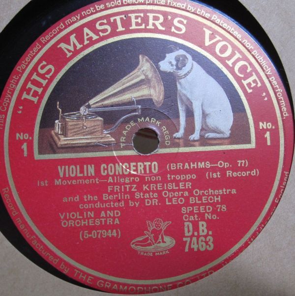 12インチSP・英国盤HMV・フリッツ クライスラーFritz Kreisler(バイオリン)・ブラームス バイオリン協奏曲 作品77・5枚組・240491の画像2