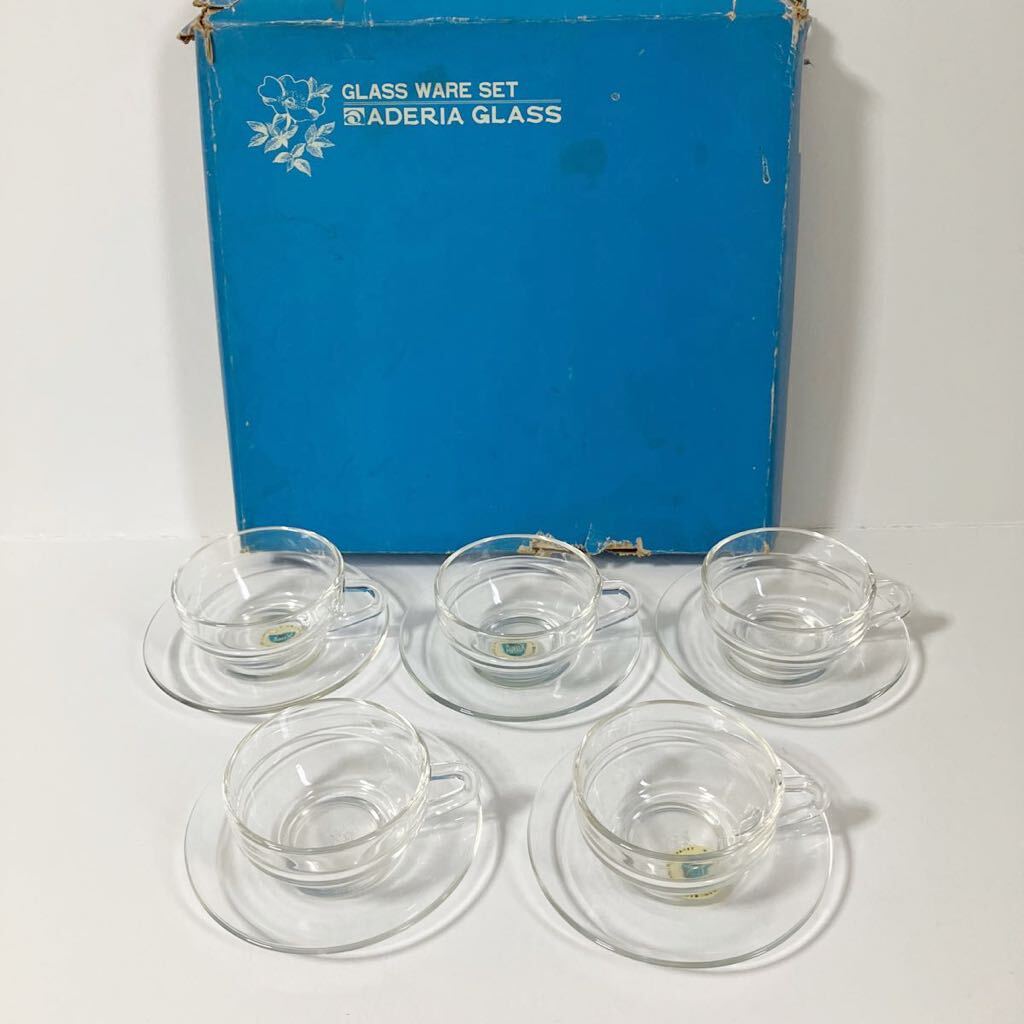 ヴィンテージ ガラス カップ ソーサー セット 5客 ティーカップ 茶器 アデリア ビンテージ 昭和レトロの画像1