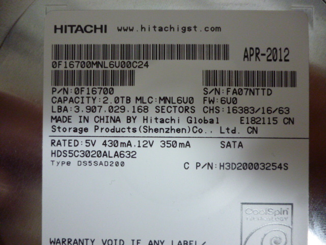 980円即決!! 送料185円～!! HITACHIl の 3.5インチ 2.0TB HDD HDS5C3020ALA632 32M SATA600 普通に使っていたけど「注意」出ましたの画像4