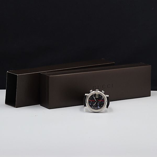 1円 箱付 稼動 良品 グッチ 101M QZ 黒文字盤 スモセコ クロノグラフ 石付き メンズ腕時計 OGI 0688200 3YBTの画像5