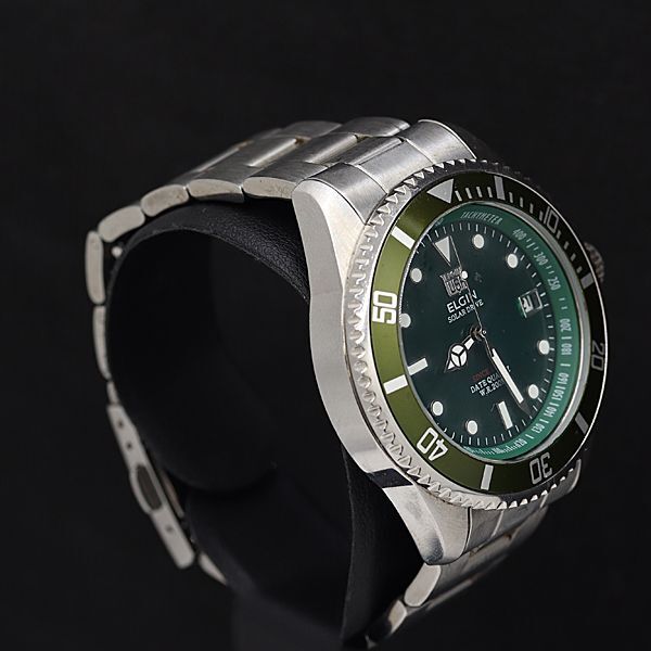 1円 稼働 エルジン 電波ソーラー FK-1426-FL グリーン文字盤 デイト メンズ腕時計 TCY 3239000 3NBG1の画像2