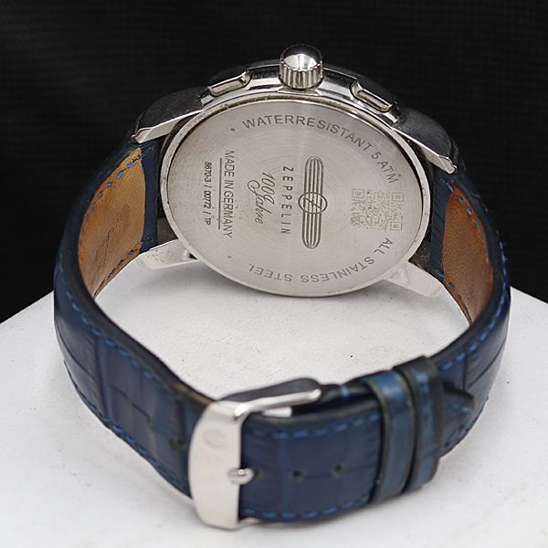 1円 稼動 良品 ツェッペリン 100周年記念モデル 8670-3 QZ ブルー文字盤 デイト クロノグラフ レザーベルト メンズ腕時計 DOI 5637000 4TLTの画像4
