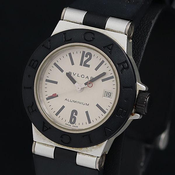 1円 稼動 良品 ブルガリ QZ AL29TA アルミニウム デイト 4ERT シルバー文字盤 レディース腕時計 YUM 0025300の画像1