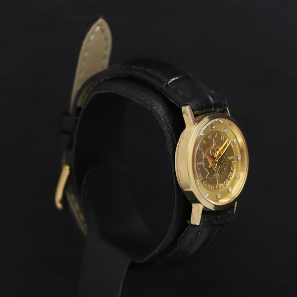 1円 稼働 QZ 良品 999.9 FINEGOLD HILTON HQ-9506L コインウォッチ 石付 ゴールド文字盤 レディース腕時計 KRK 2147000 4NBG1の画像2