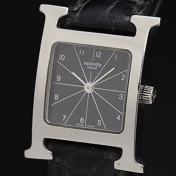 1 jpy operation superior article Hermes H watch HH1.210 QZ black face lady's wristwatch OGH 3119600 4DIT