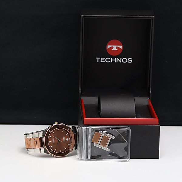 1 иен работа хорошая вещь коробка / koma 2 есть Tecnos QZ T9164 Date Brown циферблат мужские наручные часы YUM 0132000