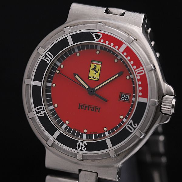 1円 稼働 フェラーリ 100 323103 QZ 赤文字盤 デイト メンズ腕時計 NSY 5072100 4PRTの画像1