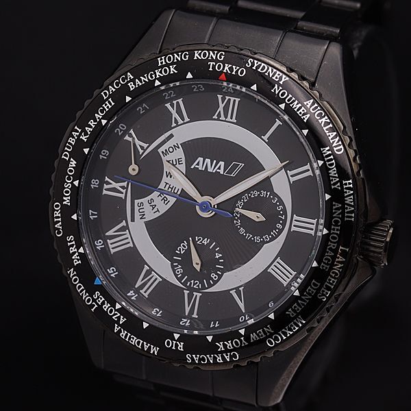 1円 稼働 アナ ANA ブラック文字盤 デイデイト QZ メンズ腕時計 NSY 2756000 4BJYの画像1