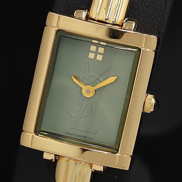 1 jpy operation guarantee / box attaching Yves Saint-Laurent 5920-H12115 square QZ bangle watch green face lady's wristwatch SGN 2756000 4BJY