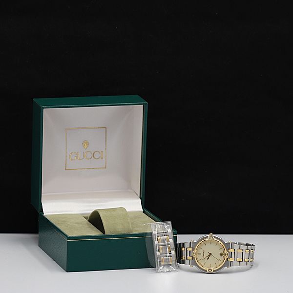 1 иен коробка / koma 3 есть Gucci 9000M QZ 0259207 Date раунд Gold циферблат мужские наручные часы SGN 2756000 4BJY