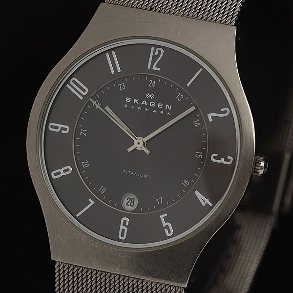 1円 稼働 良品 スカーゲン QZ グレー文字盤 デイト メンズ腕時計 TCY 8174000 4PRY_画像1