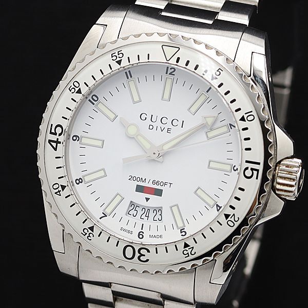 1 иен гарантия / с ящиком работа хорошая вещь Gucci большой b136.3 белый циферблат QZ Date раунд 200m мужские наручные часы NSY 0059400 4DKT
