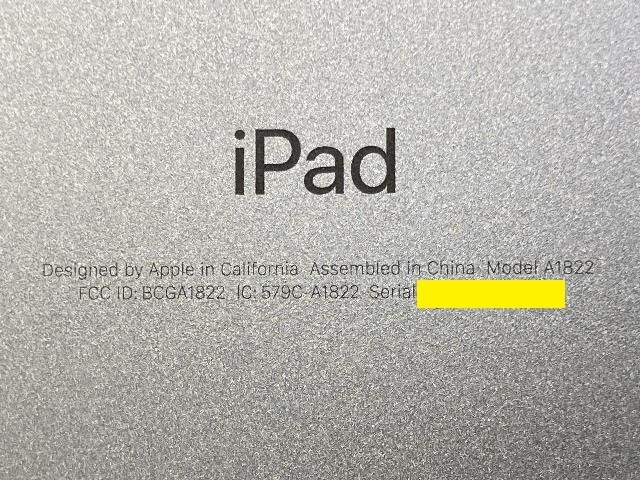 ジャンク品 Apple iPad 9.7インチ 第5世代 Wi-Fiモデル 32GB MP2F2J/A スペースグレイ A1822 指紋認証 Retinaディスプレイ搭載/40の画像4