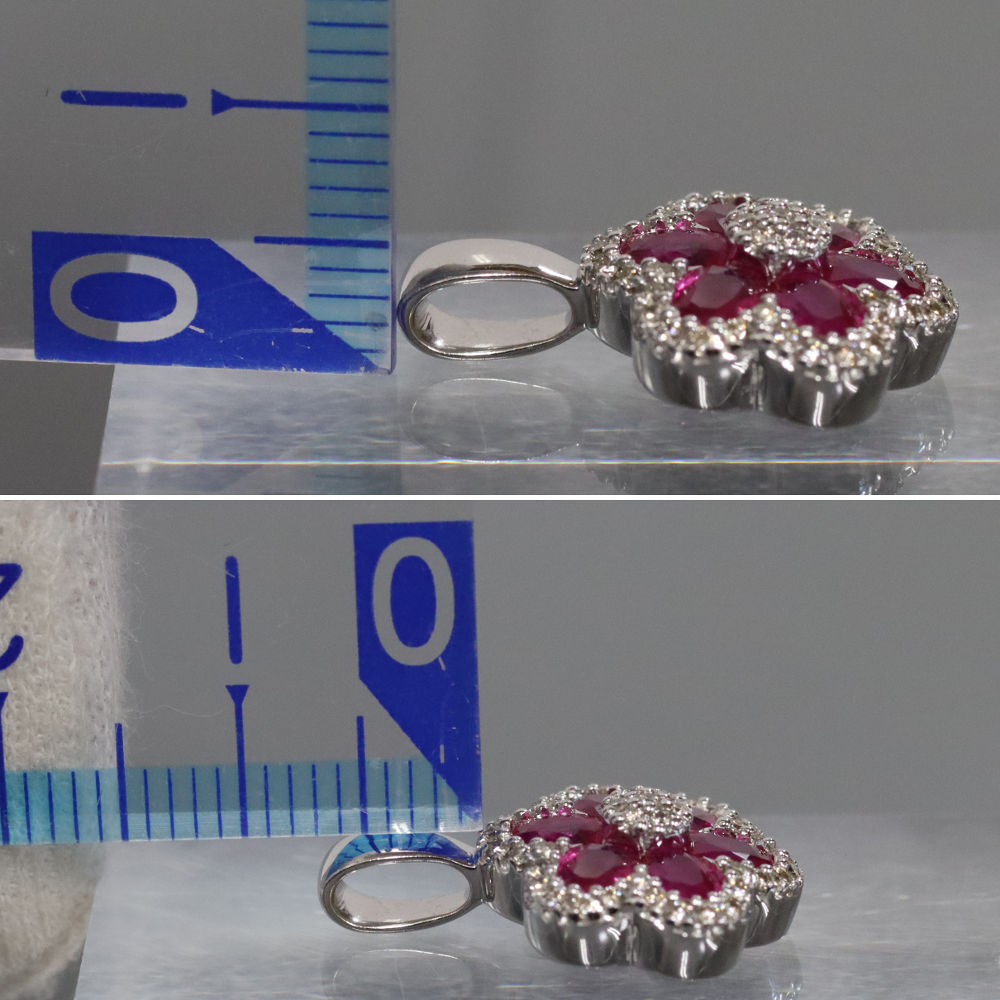 K18WGルビーダイヤモンドペンダントトップ フラワーモチーフ D0.22 3.5g