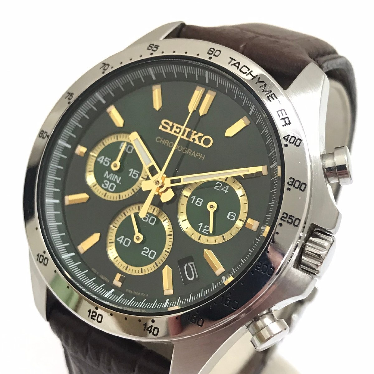 中古品 稼働品 セイコー SEIKO 腕時計 スピリット クロノグラフ 8T63-00D0 グリーン文字盤 デイト付き クオーツ 電池式 質屋出品の画像2