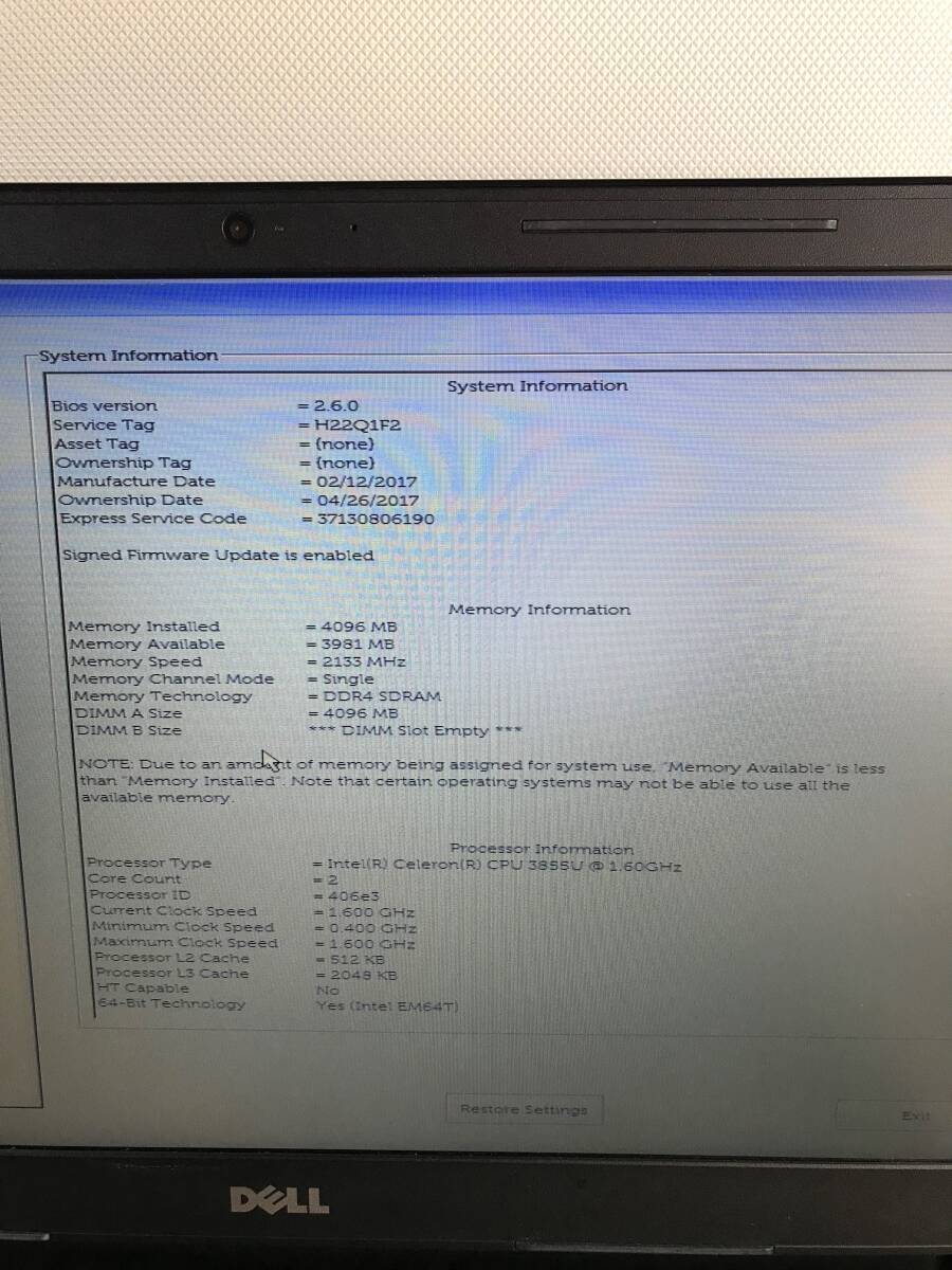 S4661◇DELL デル ノートパソコン ノートPC Vostro 15-3568 Intel Celeron CPU 3855U 1.60GHｚ 4GB アダプター付属【現状品】240401