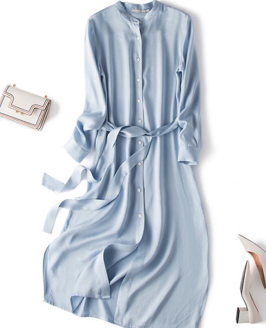  new goods adult appear lady's 100% silk One-piece SILVIYE long shirt simple light blue XL