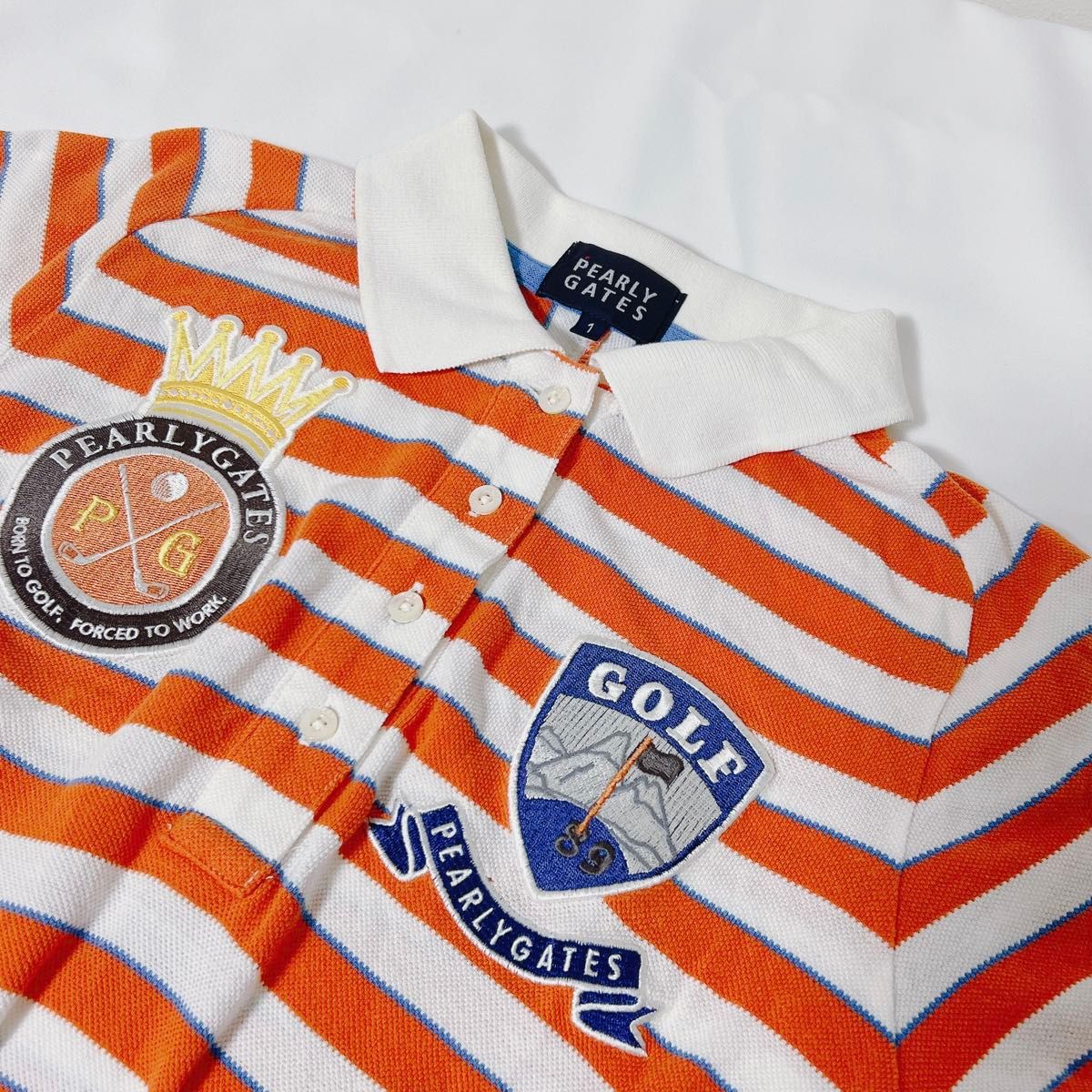 【PEARLYGATES】半袖ポロシャツ　オレンジ　ボーダー　ゴルフ　刺繍ロゴ