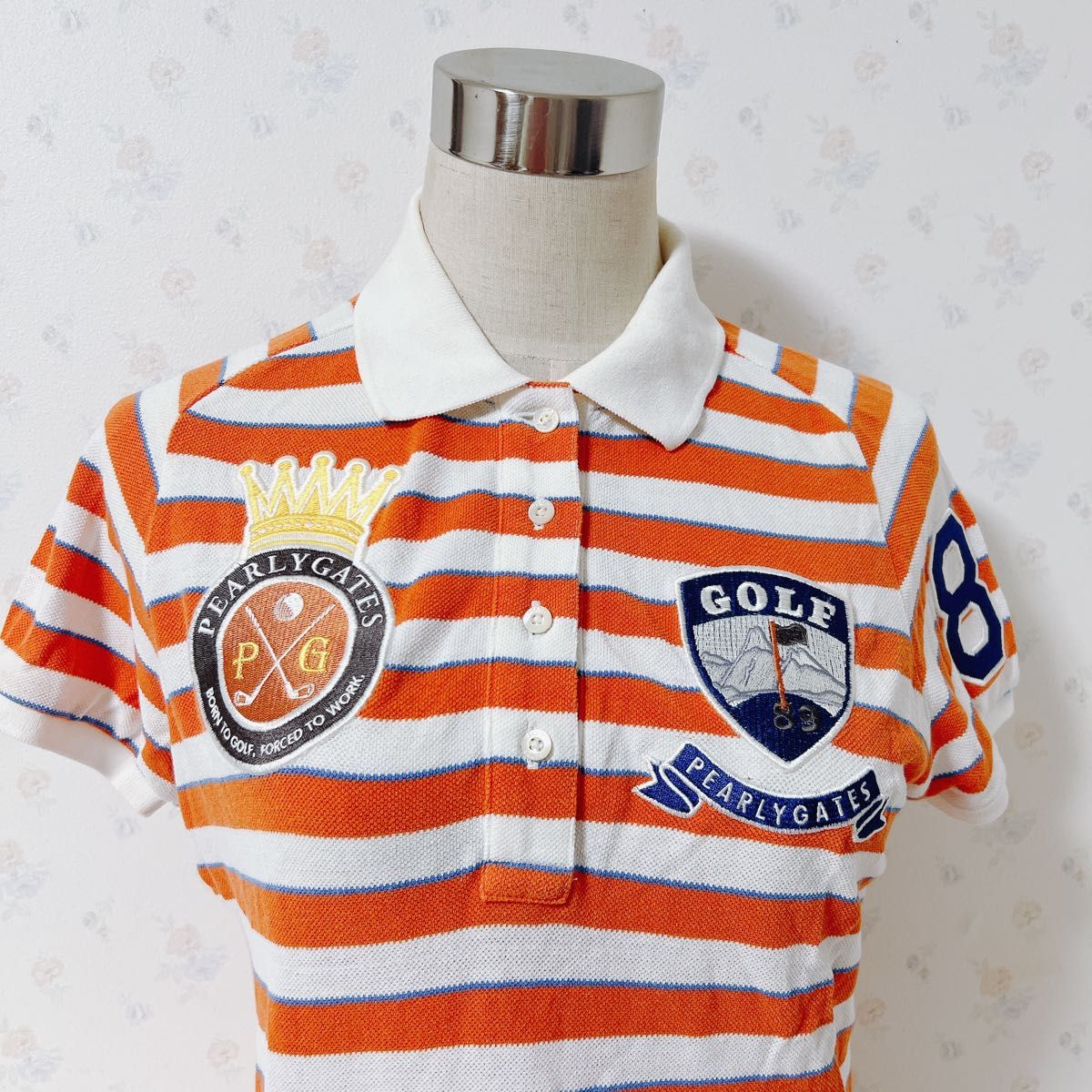 【PEARLYGATES】半袖ポロシャツ　オレンジ　ボーダー　ゴルフ　刺繍ロゴ
