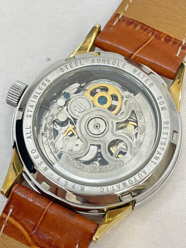 KT0410 AUREOLE/オレオール 腕時計 自動巻き オートマ 09SW-44M 裏スケルトン レザーベルト 動作品の画像6
