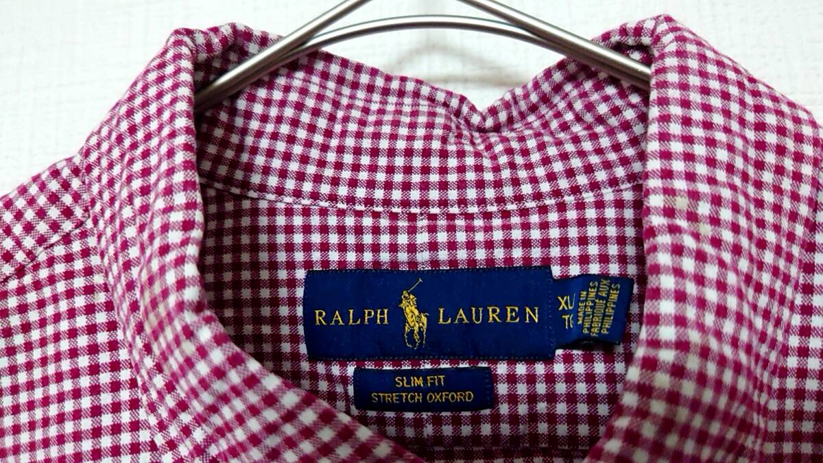 【古着】ラルフローレン 長袖シャツ 赤 チェック柄 ボタンダウン RALPH LAUREN XL スリムフィット ストレッチオックスフォード【正規品】