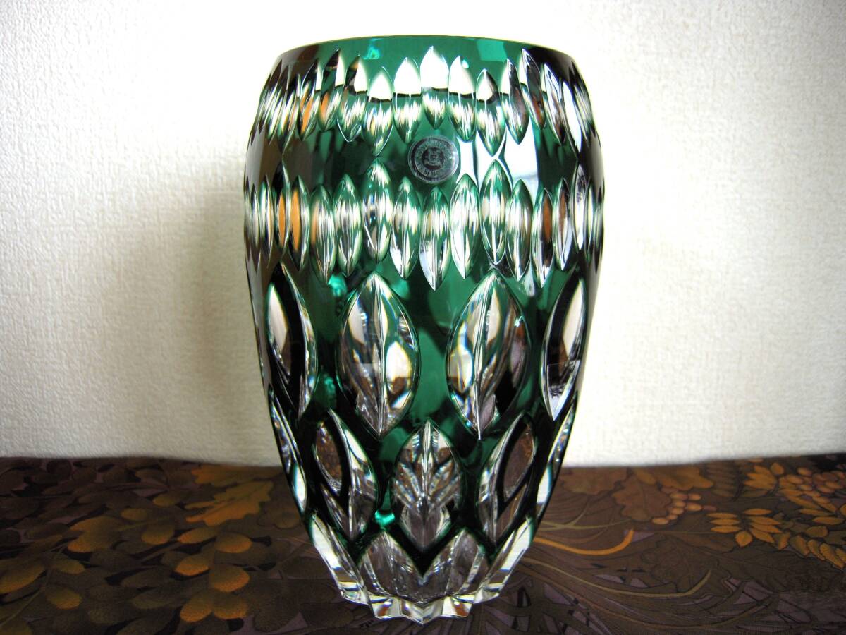 Val saint Lambert ヴァル・サン・ランヴェール クリスタル 花瓶 フラワーベース 美品 グリーン ベルギー ／ 色被せ カットガラスの画像1