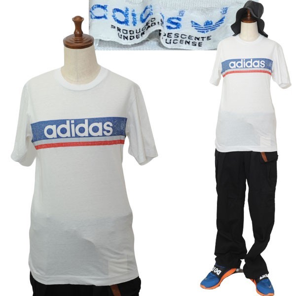 ★【名作 デサント製 ラインロゴ トリコロール】国内正規品 ビンテージ ADIDAS アディダス ロゴTシャツ カットソー ホワイト系 S相当_画像1