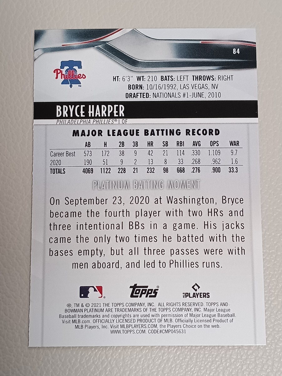 MLB 2021 TOPPS BOWMAN PLATINUM ハーパー HARPER ベース #84_画像2