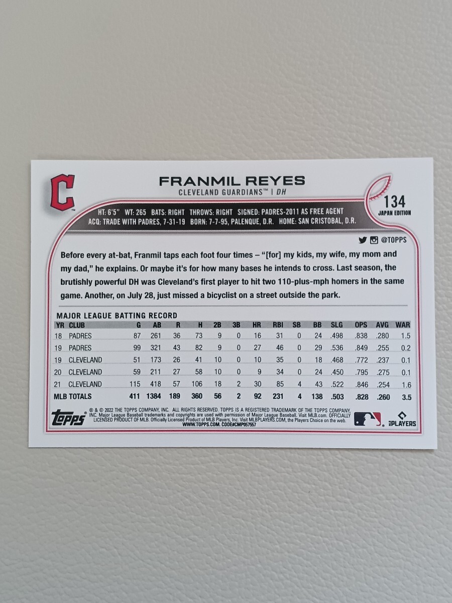 MLB 2022 TOPPS JAPAN EDITION レイエス REYES 日本ハム ファイターズ 日ハム パリーグ ベース #134_画像2