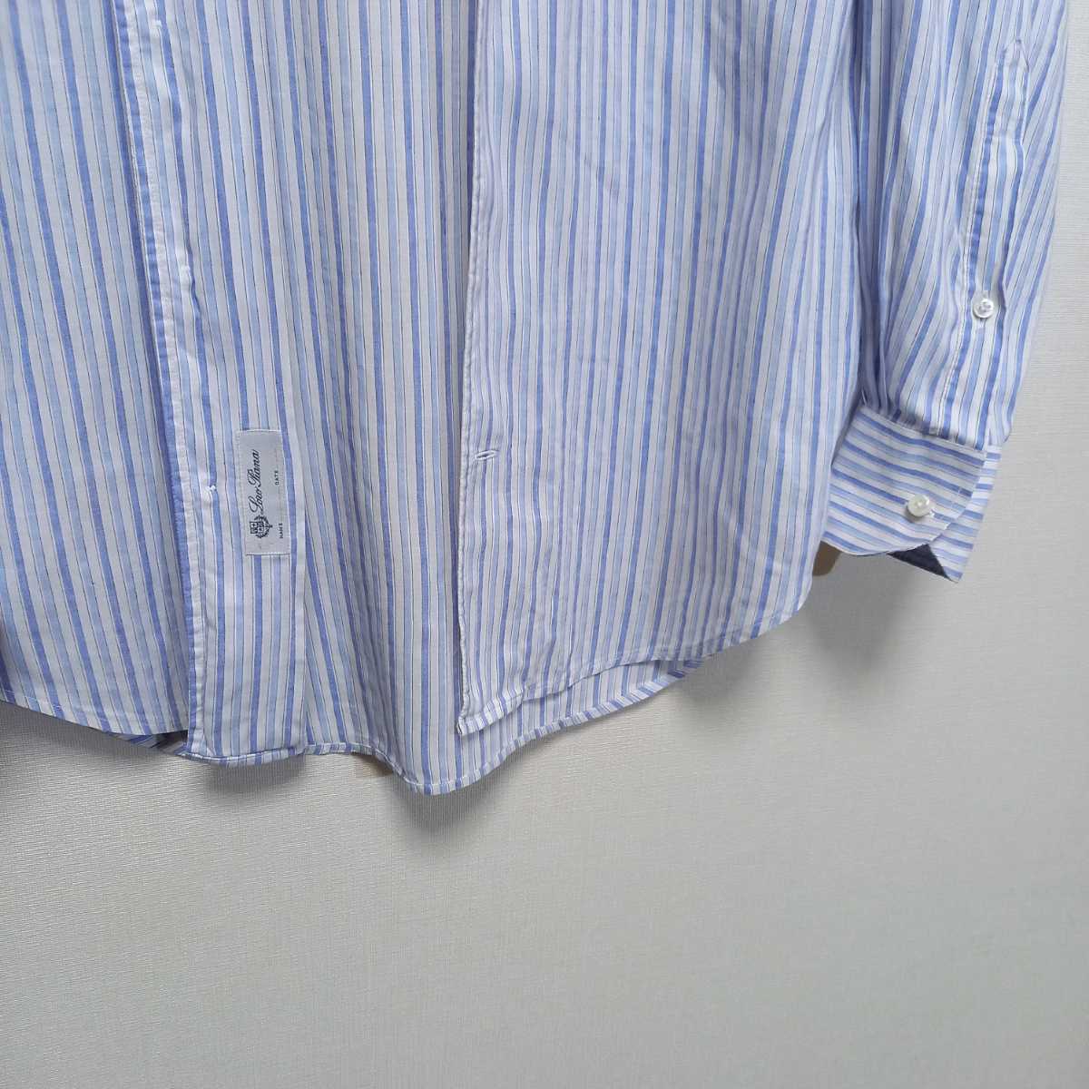 イタリア製 ロロピアーナ ワンピースカラー 綿麻 ストライプ シャツ メンズ S スーツ ドレスシャツ リネンシャツ イタリアンカラー の画像3