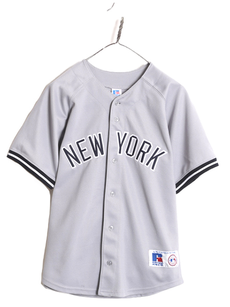 90s MLB オフィシャル ラッセル ヤンキース ベースボール シャツ メンズ S 程 ユニフォーム 半袖シャツ ゲームシャツ メジャーリーグ 野球の画像1