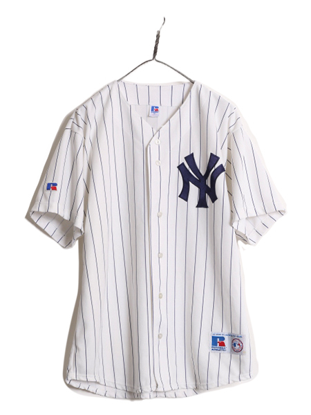 90s MLB オフィシャル ラッセル ヤンキース ベースボール シャツ メンズ XL / ユニフォーム 半袖シャツ ゲームシャツ メジャーリーグ 野球_画像1