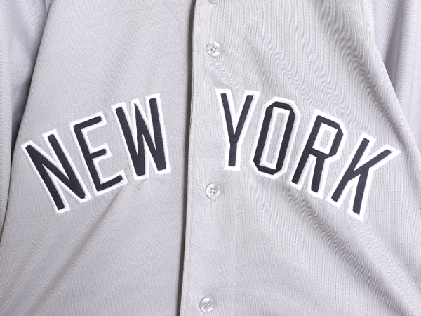 90s MLB オフィシャル ラッセル ヤンキース ベースボール シャツ メンズ S 程 ユニフォーム 半袖シャツ ゲームシャツ メジャーリーグ 野球の画像3