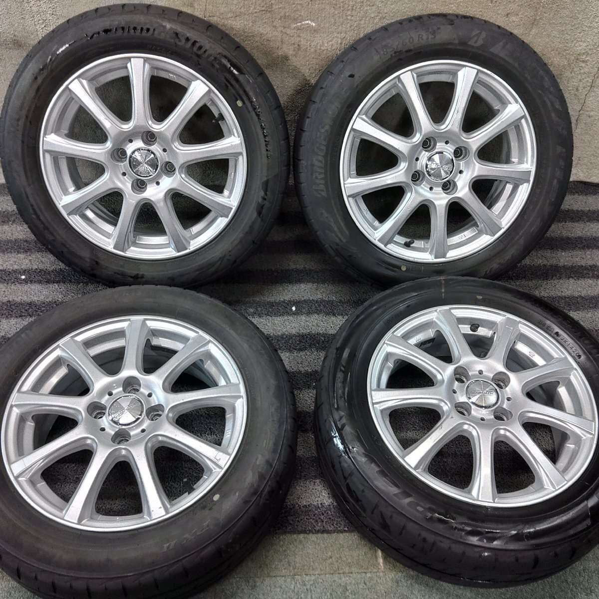 パT8855■185/60R15 BRIDGESTONE Playz PXⅡ 社外 5.5J 4H +42 PCD100 夏タイヤ★条件付送料無料★フィット ヴィッツ アクア_画像1