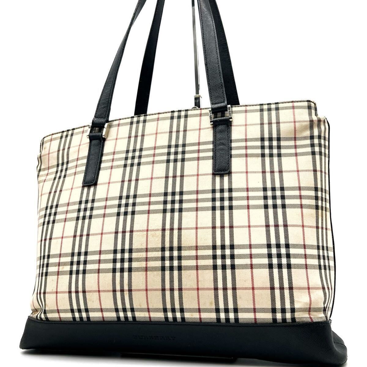 1円 ■現行■ BURBERRY バーバリー ノバチェック キャンバス トートバッグ ハンドバッグ 総柄 ロゴ メンズ レディース 鞄 レザー 黒 正規品_画像1