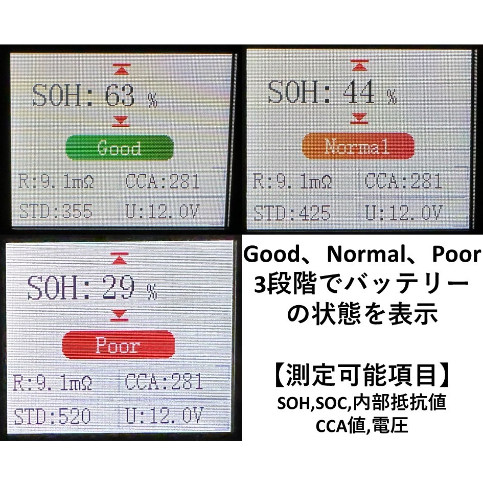 【正規品】送料無料【日本語取説有】バッテリーテスター バッテリーチェッカー CCA SOH SOC 抵抗 電圧 12V バッテリーアナライザー バイク_画像4