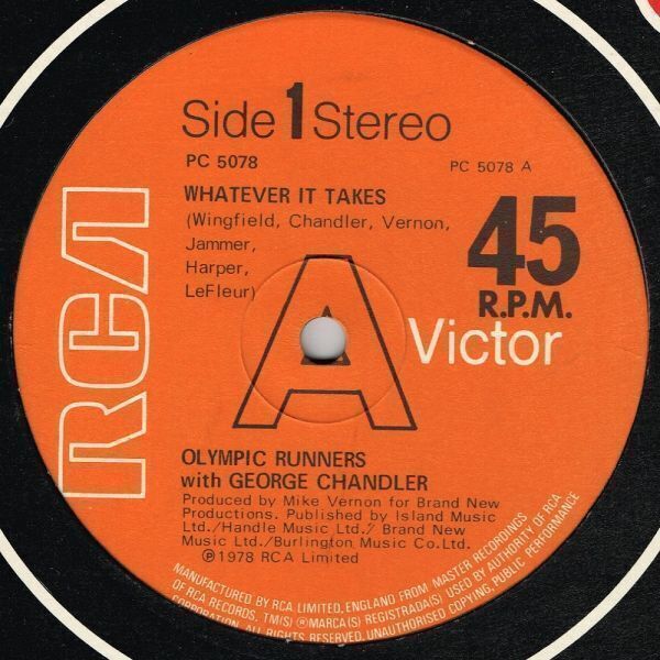 Olympic Runners w/ George Chandler / Whatever It Takes b/w Solar Heat（RCA）1978 UK 12″_ディスク: EX cis slv: cos