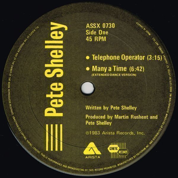 Pete Shelley / Telephone Operator（Arista）1983 CA 12″ *fka Buzzcocks_ディスク: EX