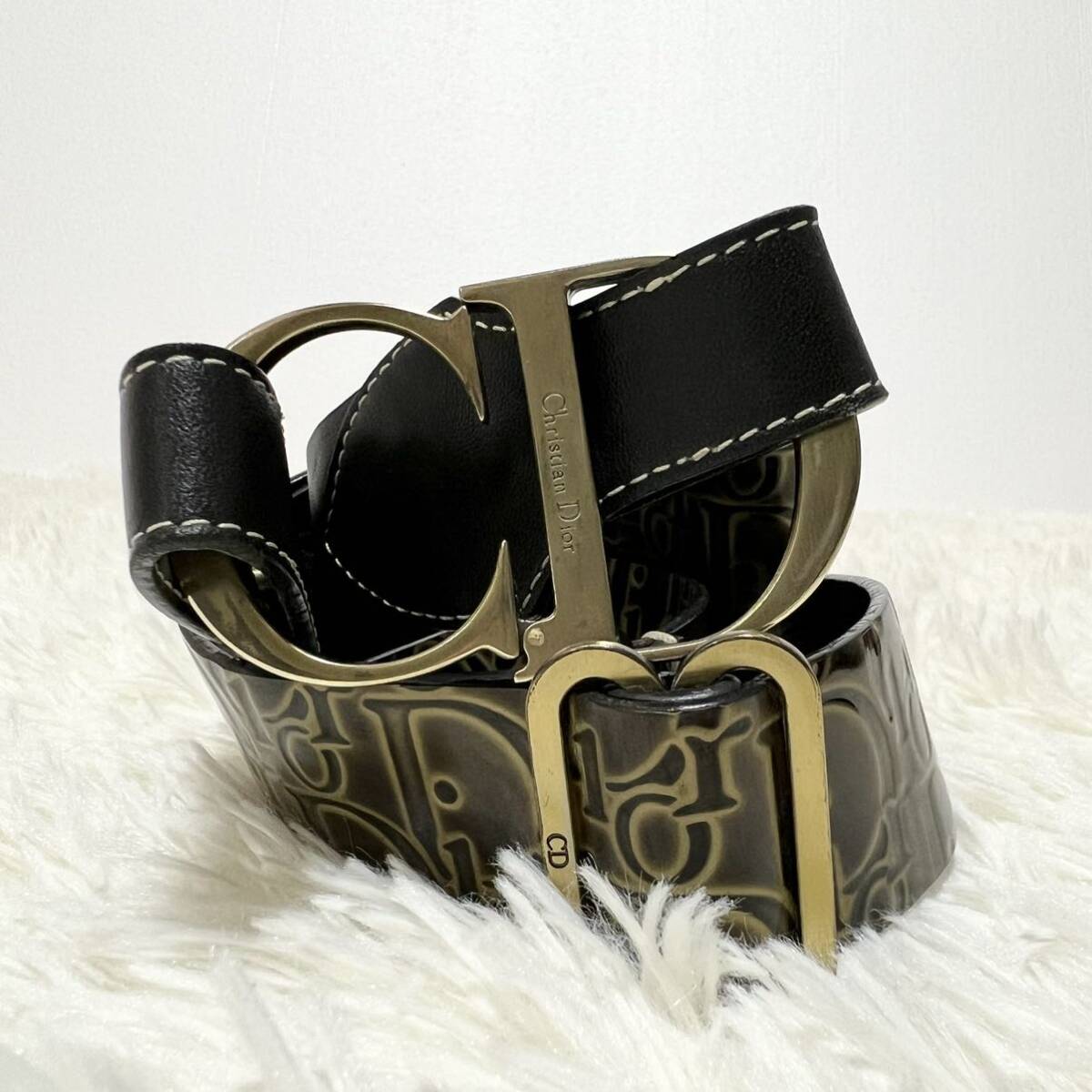 1円〜【高級】Christian Dior クリスチャンディオール ウエストベルト ゴールド金具 トロッター柄 ダブル サイズ90 メンズの画像1