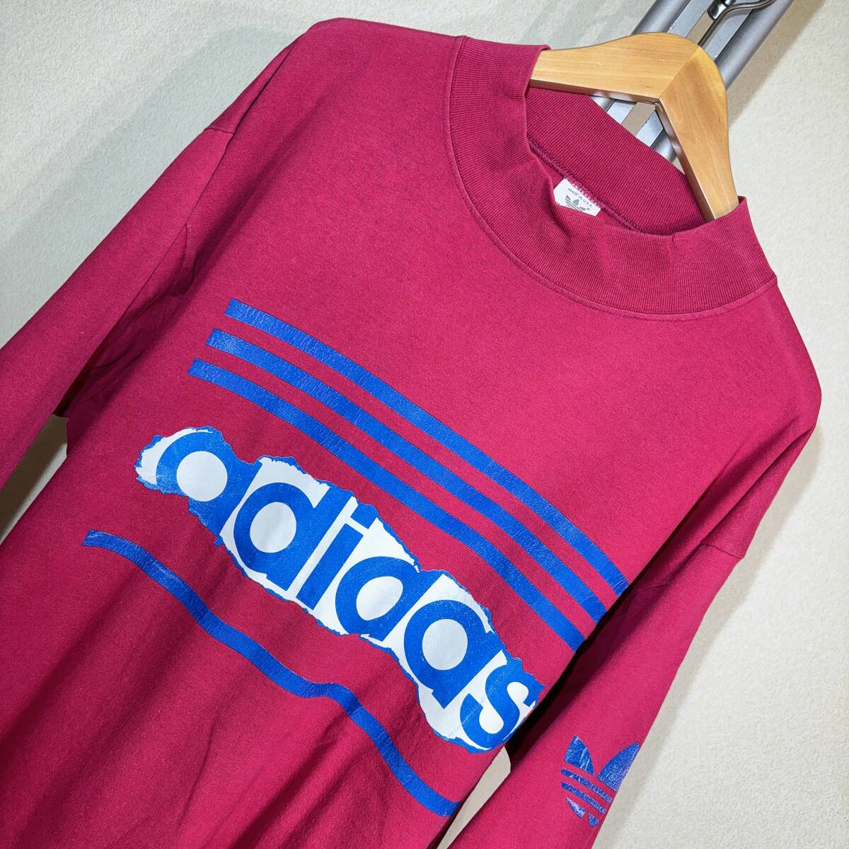 W941■USA製古着★80sヴィンテージ!/adidasアディダス★赤ピンク/ロゴ&トレフォイル★長袖Tシャツ■US XL_画像1