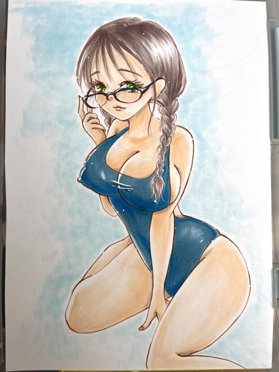  hand-drawn illustrations girl school swimsuit glasses. . member length 