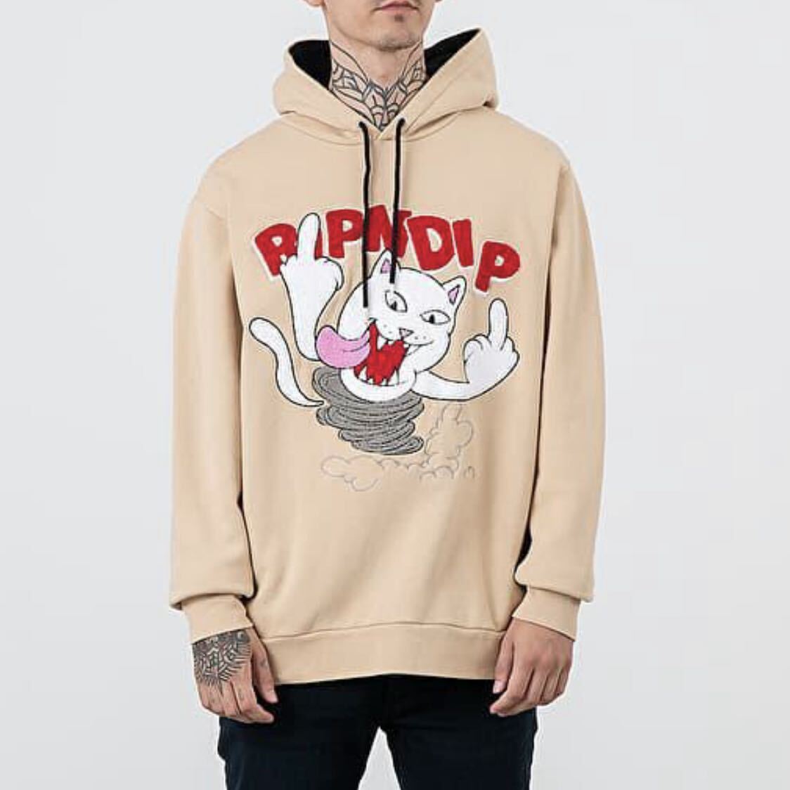 【超希少・入試困難】RIPNDIP リップンディップ　パーカー　両面パイル刺繍ロゴ　裏起毛　ベージュ　猫　ネコ　サイズM