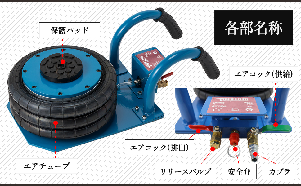 エアー式 バルーンジャッキ 最大3トン(3000kg) 低床タイプ 最低位140mm~最高位400mm フロアジャッキ 車 トラック タイヤ交換ジャッキアップ_画像10