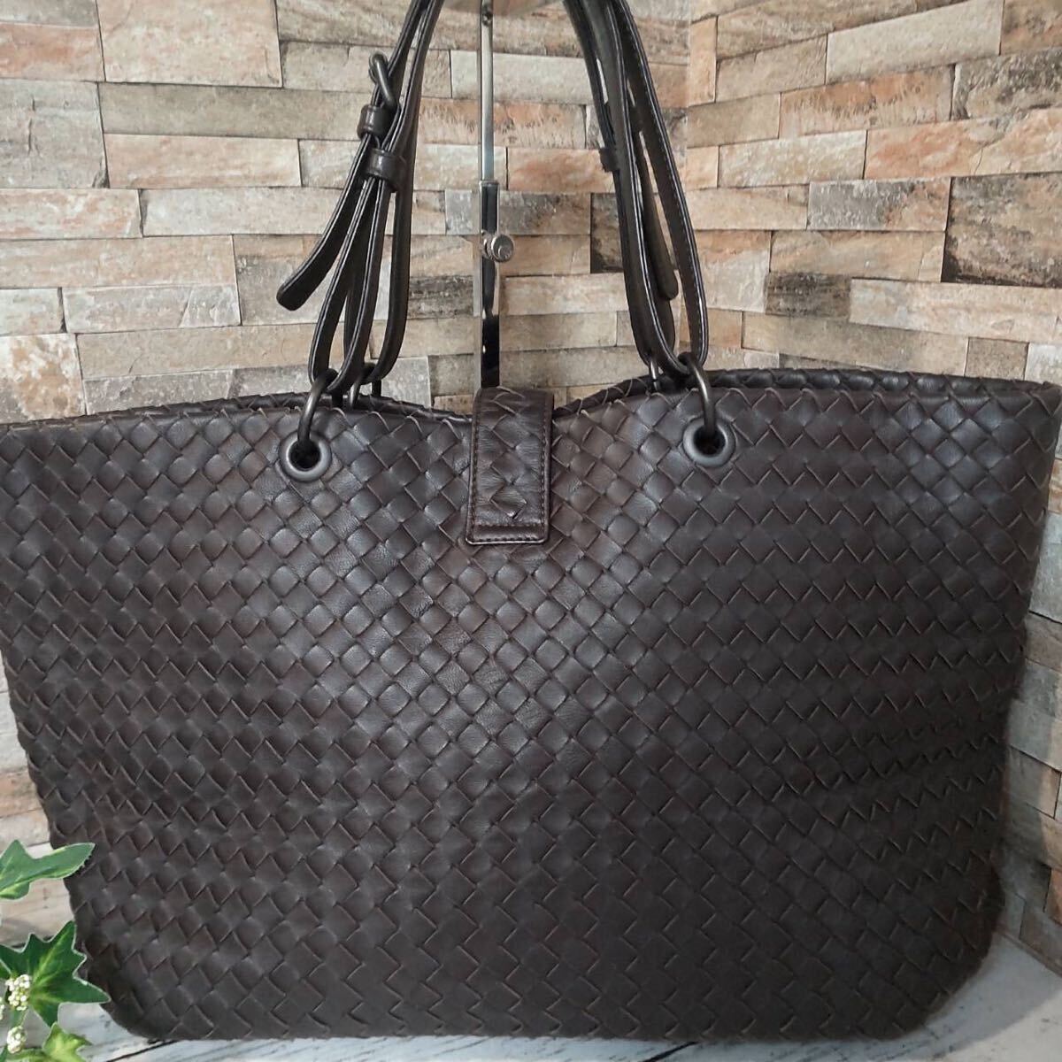 1円【ほぼ未使用！入手困難】BOTTEGA VENETA ボッテガヴェネタ ビジネスバッグ トートバッグ ローマ レザー イントレチャート ブラウン系の画像5