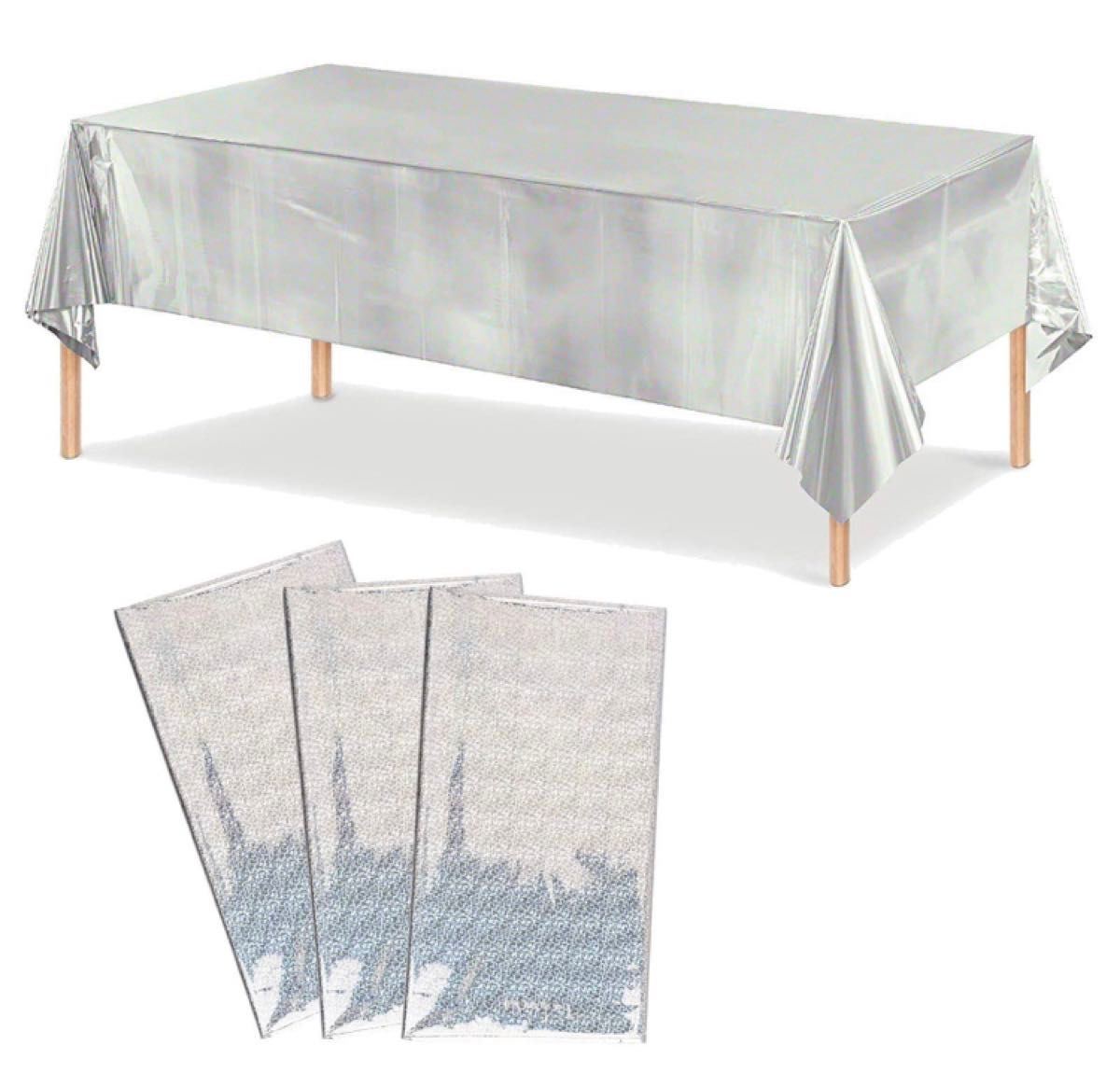 108 x 3パックシルバースパンコールプラスチックテーブルクロス、光沢のある使い捨て長方形のテーブルカバー、結婚式のパーティー